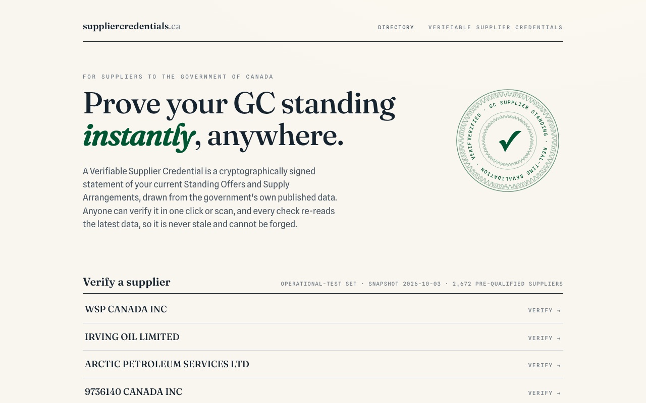 The suppliercredentials.ca homepage: prove your Government of Canada supplier standing, with a list of suppliers to verify